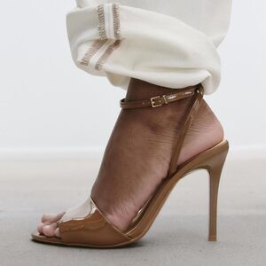 ZARA Coquette Light Brown Patent Leather Strappy Lace Up Stiletto High Heels 6.5